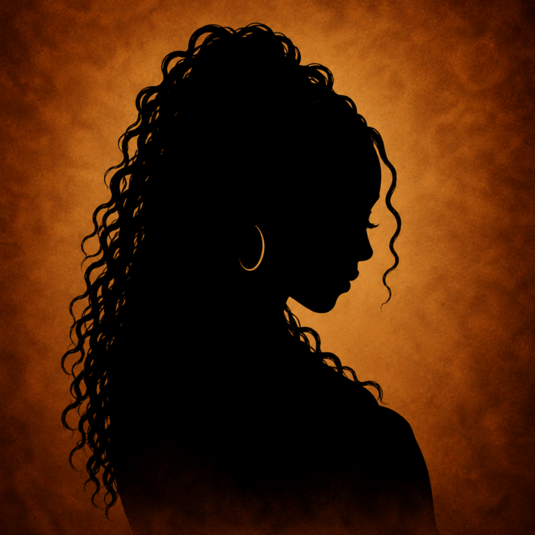 Silhouette of LaShawnda Manson in profile with long curls against a glowing orange background.